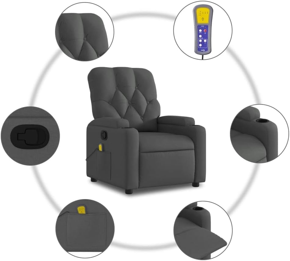 vidaXL Massage Recliner Chair - Dark Gray Fabric Lounger with 6-Point Vibration Massage, Manual Reclining Handle, Cup Holders and Side Pocket, Comfort Padded Seat for Living Room