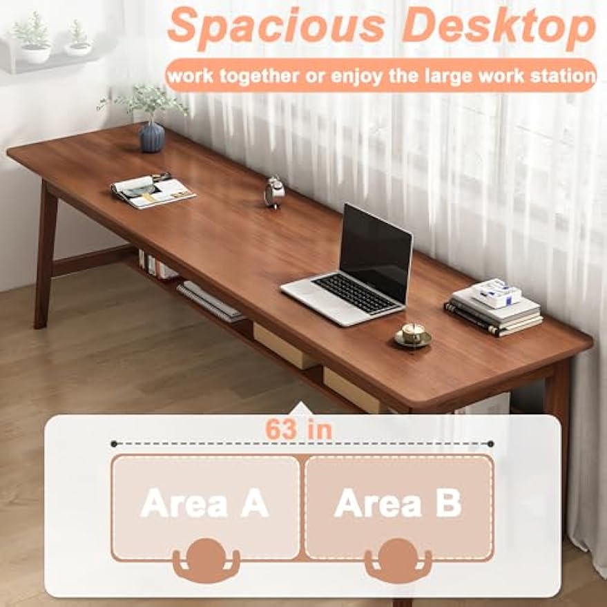 Solid Wood Desk, 63' Mid-Century Modern, Writing Desk, Home Office Workstation