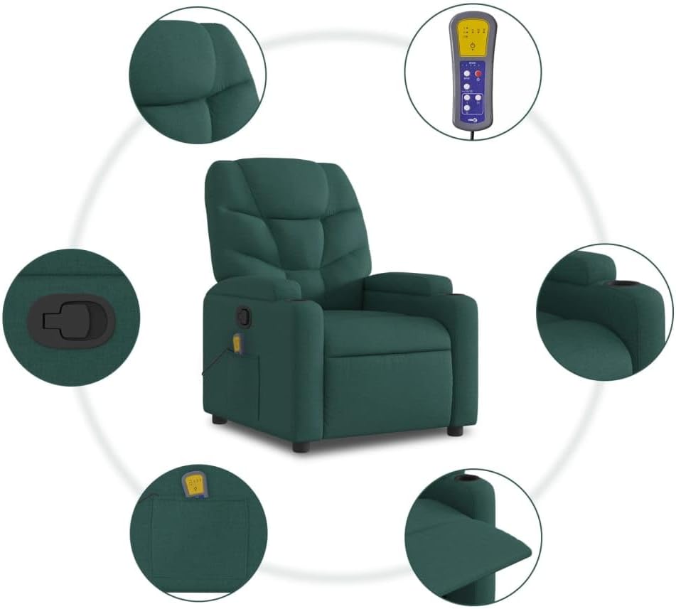 vidaXL Dark Green Manual Massage Recliner Chair - Fabric Upholstered Vibrating Lounge Armchair with Cup Holders for Living Room