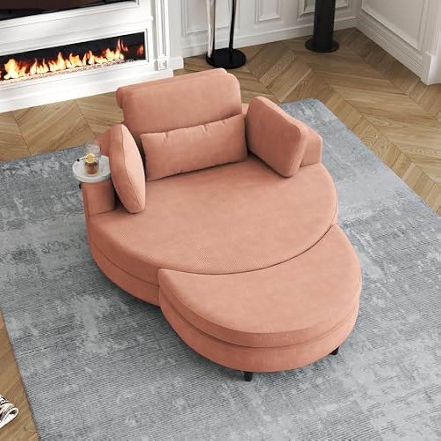 51" Oversized Round Accent Barrel Chair Leisure Chaise Lounge w/Removable Headrest and Cup Tray, Corduroy Upholstered Reading Armchair with Half Moon Storage Ottoman for Living Room Hotel Lobby