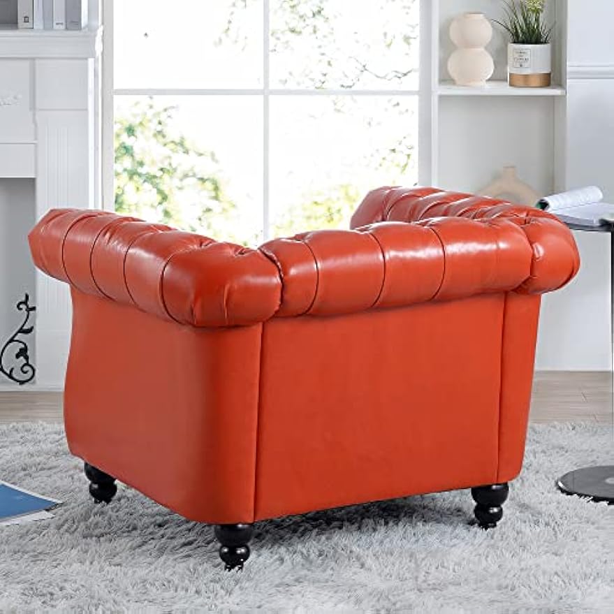 Bellemave Orange Leather Chesterfield Tufted Club Chair, Single, Modern, Traditional, Living Room, Bedroom, Office