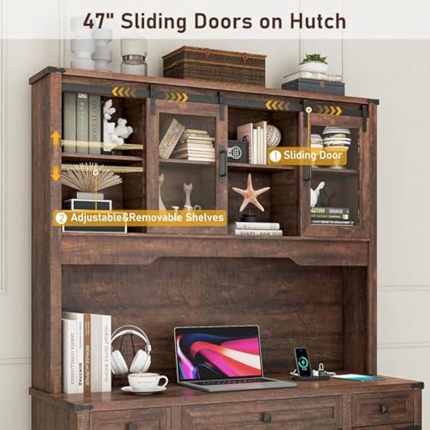 76" Height Farmhouse Desk with Sliding Door Hutch, Wood Office Executive Workstation Computer Desk with Charging Station, Drawers and Storage Cabinet, for Work, Sturdy, Game, Brown