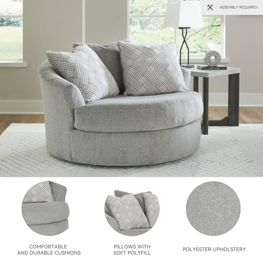 Signature Design by Ashley Casselbury Contemporary Upholstered Oversized Swivel Accent Chair with 3 Throw Pillows, Light Gray
