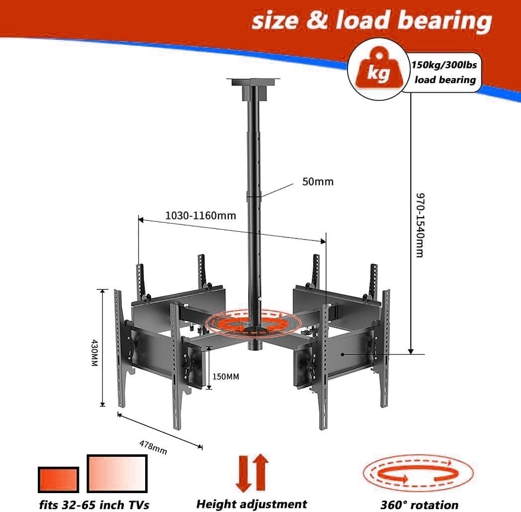 4 Sided Ceiling TV Mount Bracket - TV Wall Mount, 360 Degree Rotating Telescopic TV Lift, Height Adjustment TV Mount, 4-Way Moving Flat/Curved Screen Bracket
