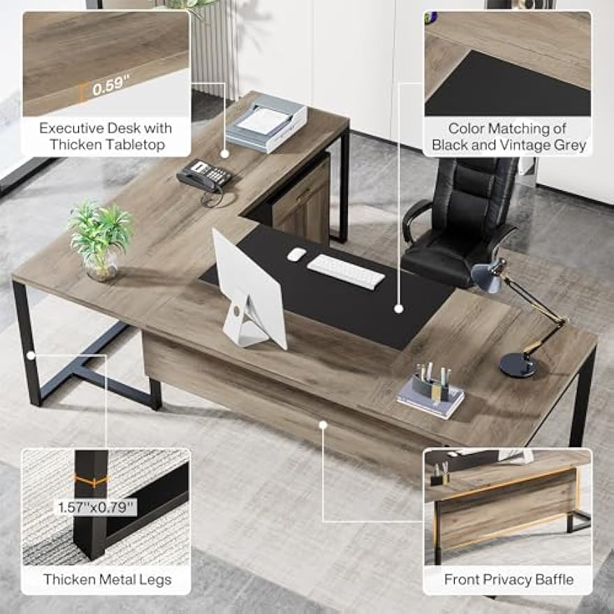 Tribesigns 70.8" L-Shaped Executive Desk with Drawer Cabinet, Large Executive Office Desk with Separate File Cabinet, Home Office Desk Workstation Business Furniture Set, Retro Gray