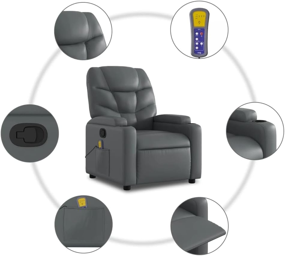 vidaXL Massage Recliner Chair - Gray Faux Leather, Manual Reclining, 6-Point Vibration, Cup Holders, Living Room Seating