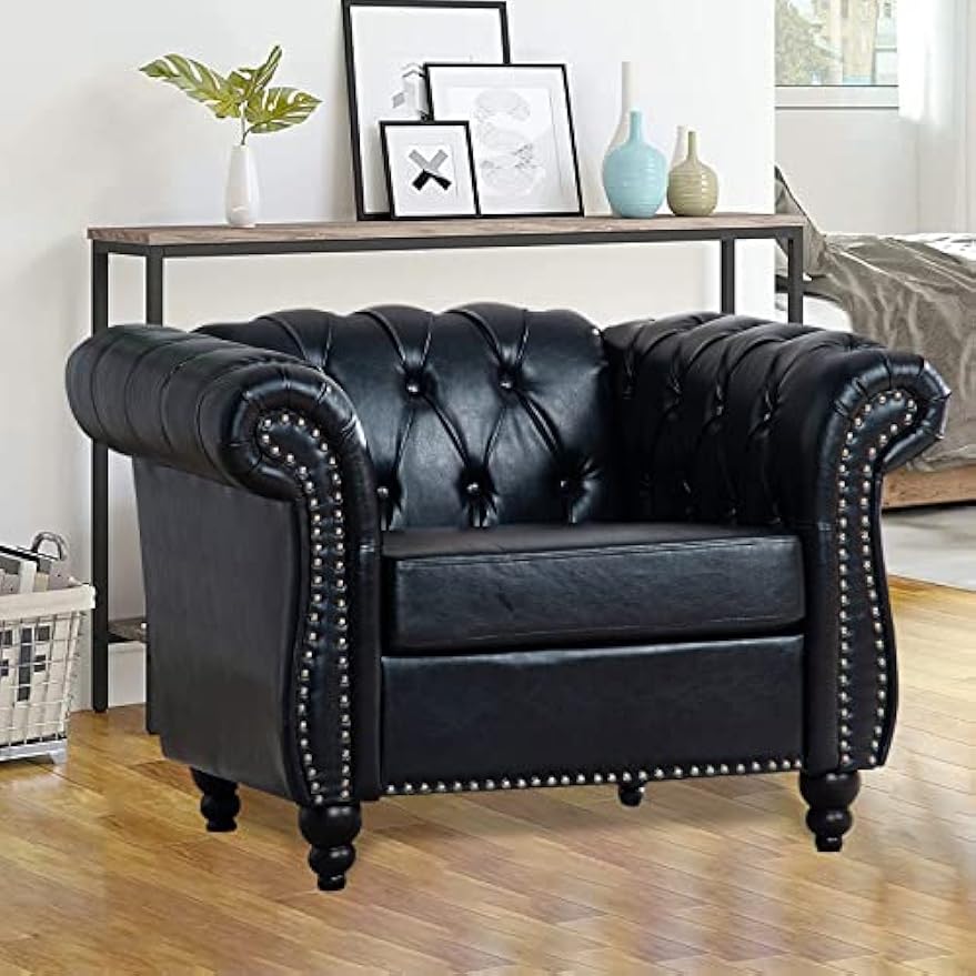 Black Faux Leather Chesterfield Accent Chair with Tufted Upholstery, Wingback Design & Club Style for Living Room, Bedroom, Office Furniture