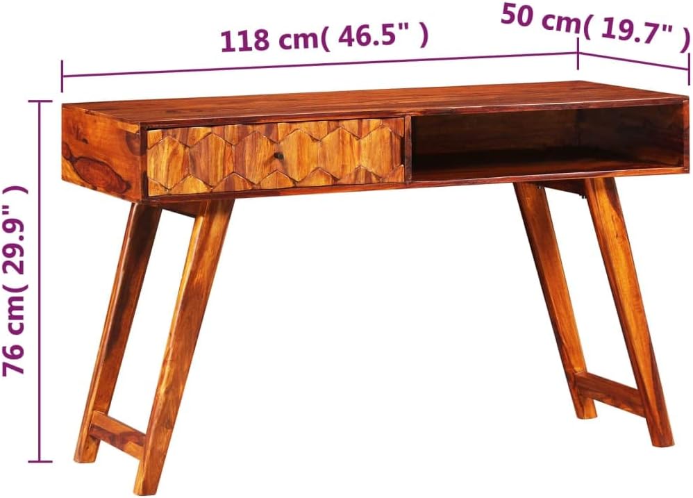 vidaXL Solid Wood Writing Table with Drawer - Brown Scandinavian Style Study and Office Desk with Shelf, Polished, Painted, and Lacq