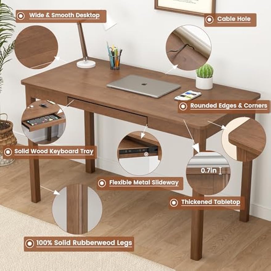100% Solid Wood Desk with Keyboard Tray - 48 x 24 Inch Computer Desk with Keyboard Tray, Mid Century Modern Writing Desks, Simple Study Table Home Office Desks for Small Spaces|Bedroom-Walnut