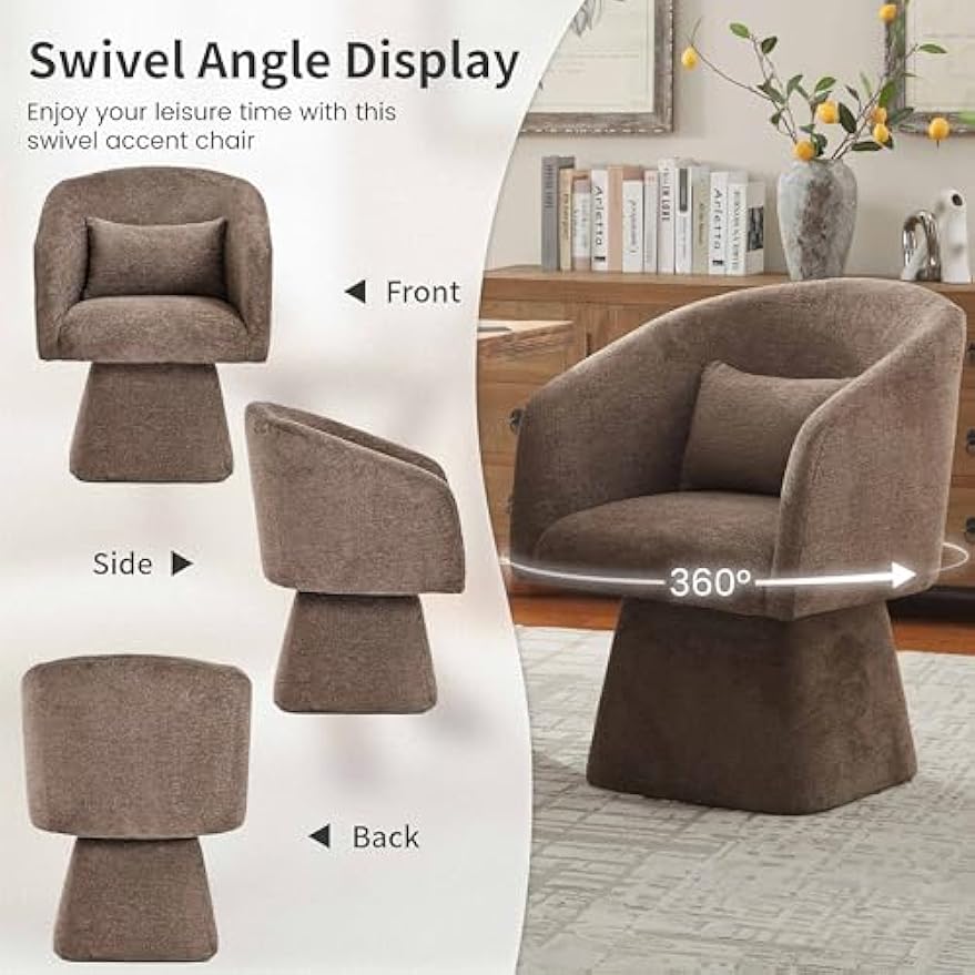 VKNOW Swivel Accent Chair Set of 2, Modern 360°Swivel Barrel Chair with Curve Back Round Arm Chair for Living Room, Bedroom, Reading Room, Brown