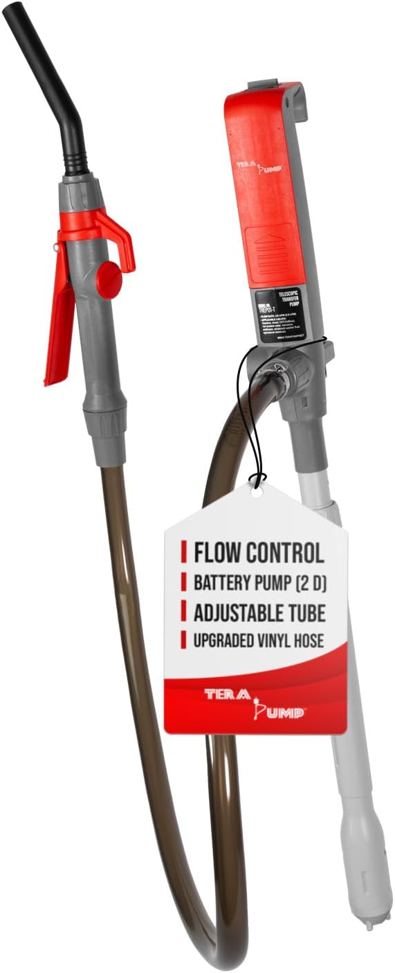 TERA PUMP Fuel Transfer Pump w/Flow Control Nozzle & Telescopic Tube - 3X Powerful D Battery Powered, 10FT XL Long Vinyl Discharge Hose, Multipurpose Portable Battery Pump For Gas, Diesel (2.3 GPM)