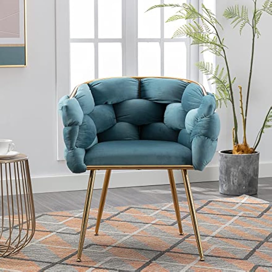 Accent Gold Legs Leisure Single Sofa, Knitting Process, Lazy Person Household Dresser Stool, Stylish Cosmetic Chair for Living Room, Bedroom, Office Oval 1 22.44 Blue Velvet 1