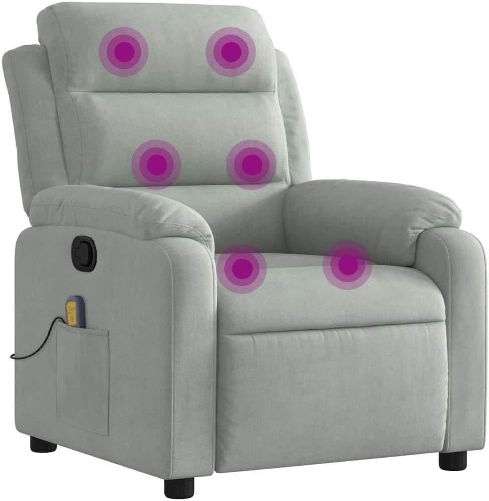 vidaXL Massage Recliner Chair with 6-Point Vibration Massage and Convenient Side Pocket, Light Grey Velvet Rocker, Adjustable Backrest & Footrest Lounge Seat for Living Room, USB Charge Port