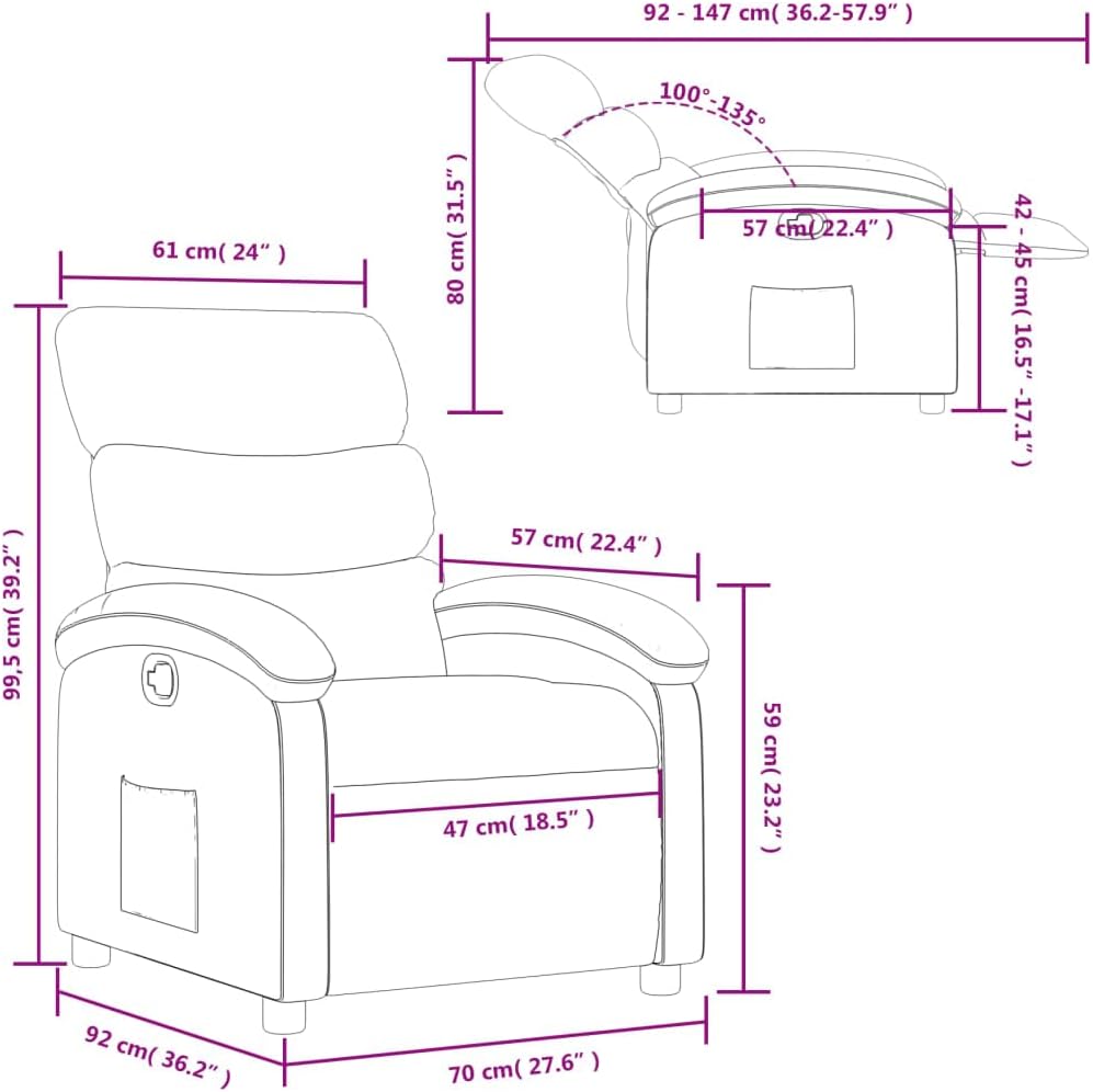 vidaXL Light Gray Manual Recliner Chair - Adjustable Fabric Lounger with Side Pocket and Cozy Foam Padding for Living Room, Study