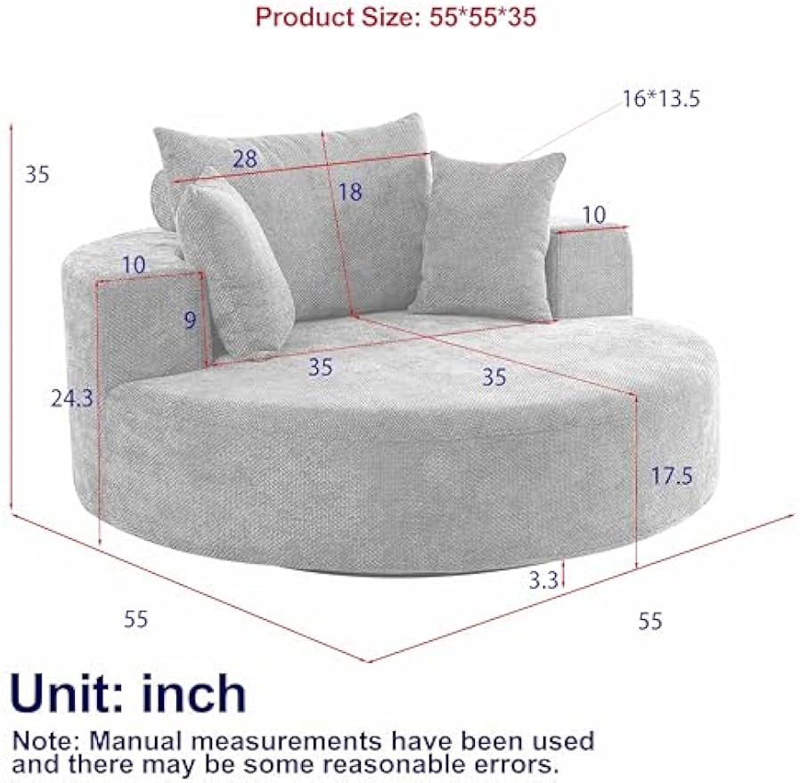 55" Oversized Swivel Barrel Chair Accent Chair- 360 Degree Fluffy Chenille Upholstered Round Reading Lounge Armchair Cloud Couch w/Adlustable Headrest and 3 Pillows for Living Room, Office