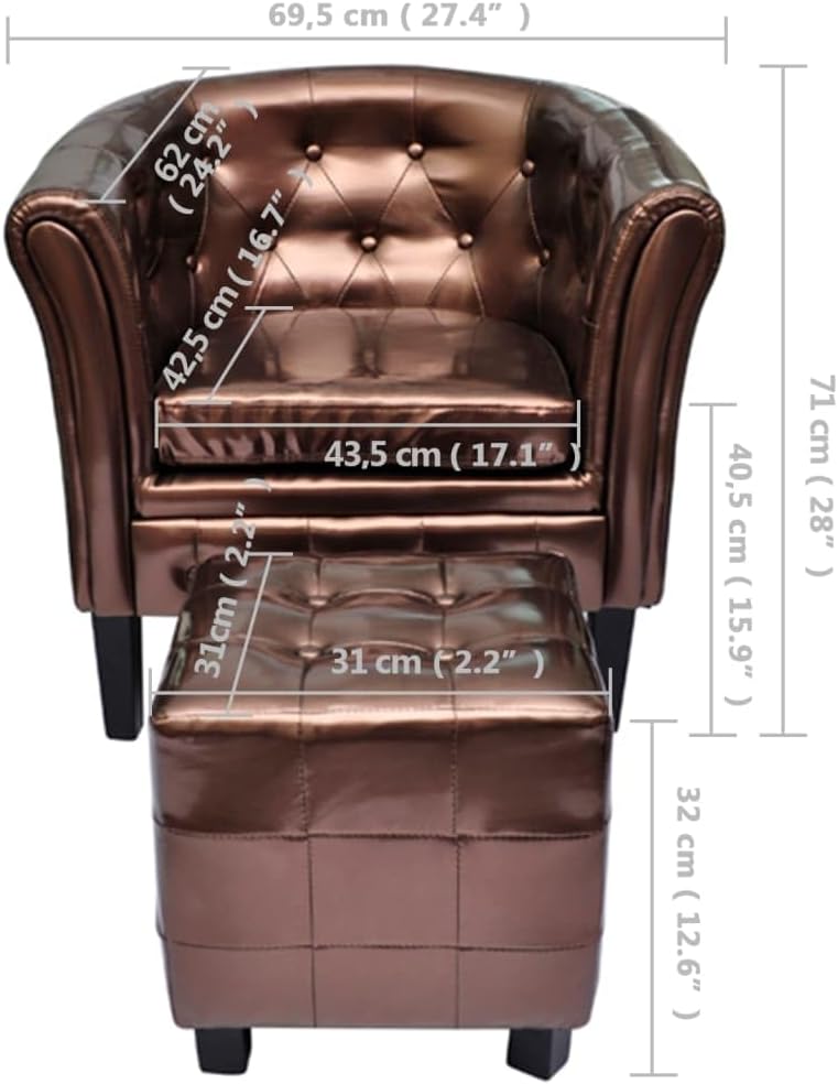 Tub Chair with Footstool Brown Faux Leather Living Room Chairs Lounge Chair Chair for Bedroom Suitable for Bedroom, Living Room, Patio.