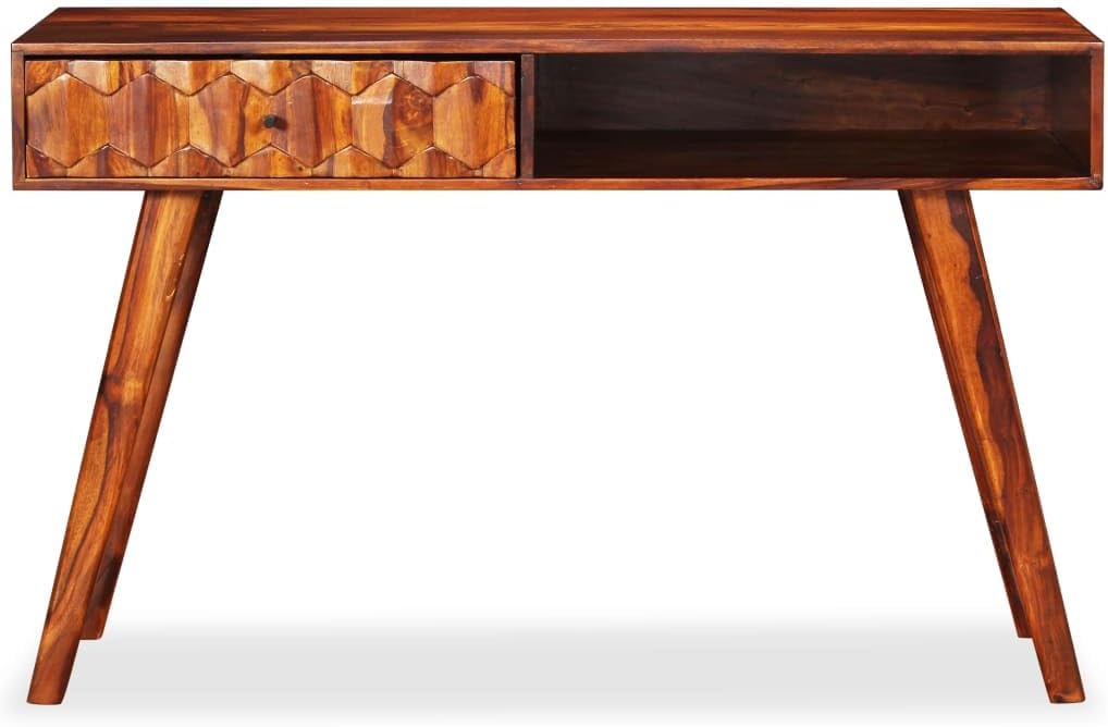 vidaXL Solid Wood Writing Table with Drawer - Brown Scandinavian Style Study and Office Desk with Shelf, Polished, Painted, and Lacq