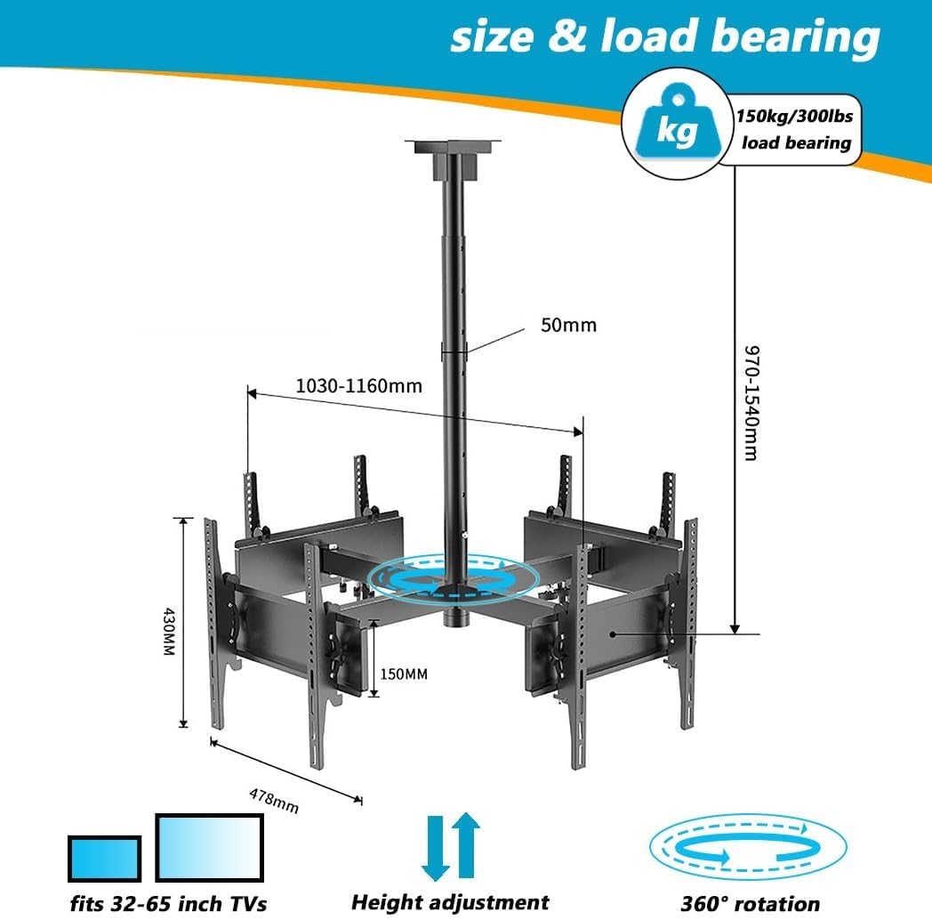 4 Sides TV Ceiling Mount Bracket,Adjustable Tilt & Swivel TV Ceiling Mount,LCD TV 360 Degree Rotating Frame,for 30-50 Inch TVs,Support 4 Screens