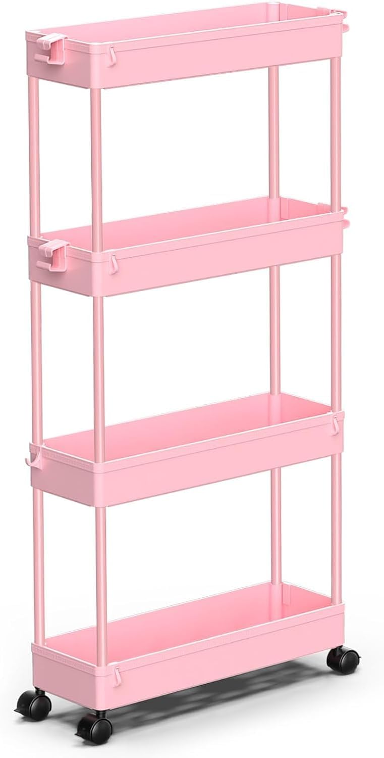 SPACEKEEPER Slim Rolling Storage Cart 4 Tier Bathroom Organizer Mobile Shelving Unit Utility Cart Tower Rack for Kitchen Laundry Narrow Places, White