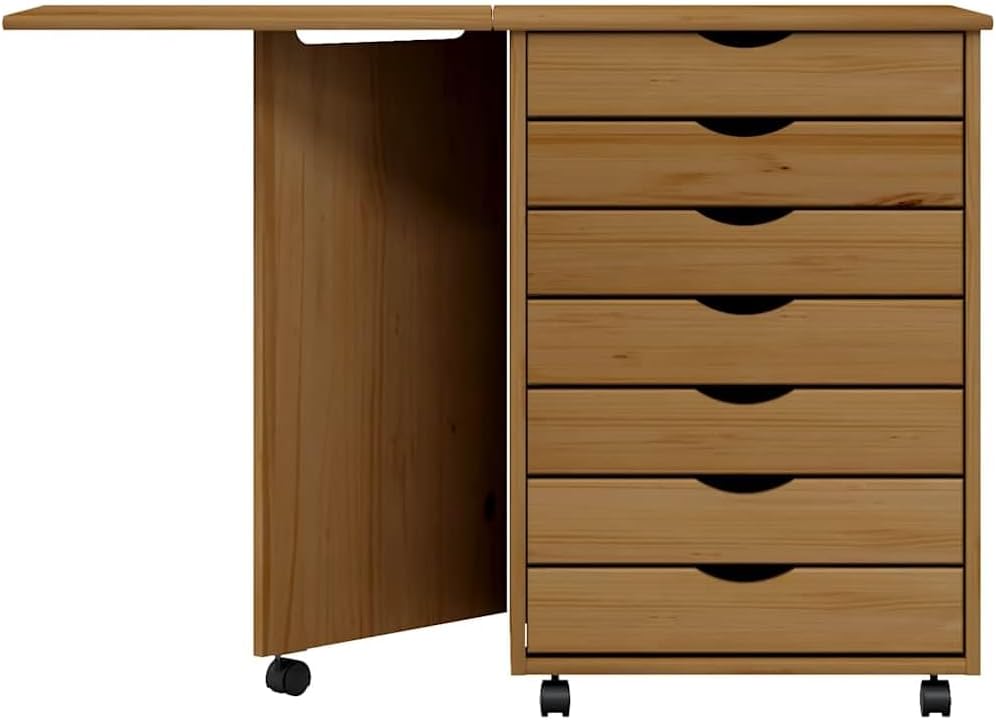 vidaXL Moss 7-Drawer Chest with Foldable Desk, Solid Pine Wood Mobile File Cabinet, Storage Cabinet on Wheels, Chest of Drawers for Home Office, Easy Assembly & Maintenance, Honey Brown