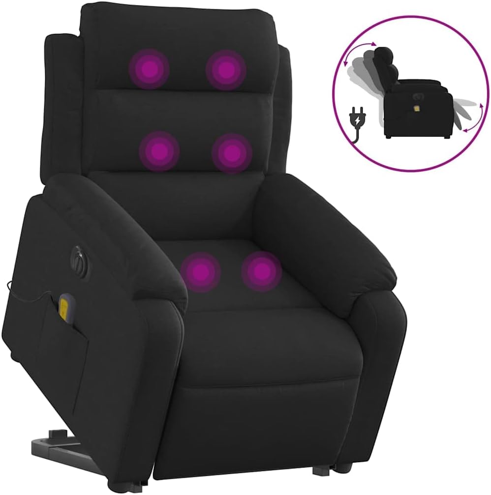 vidaXL Electric Massage Recliner Chair with Power Lift and Recline for Elderly - Black Fabric Lounge Seating with Side Pocket, Vibration Massage - Living Room, Bedroom Armchair