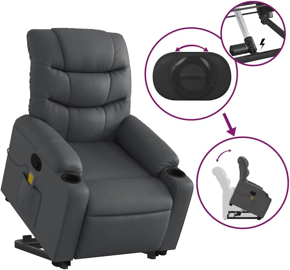vidaXL Stand Up Power Lift Recliner Chair - Gray Faux Leather Massage Armchair with Cup Holders, Manual Recline for Living Room