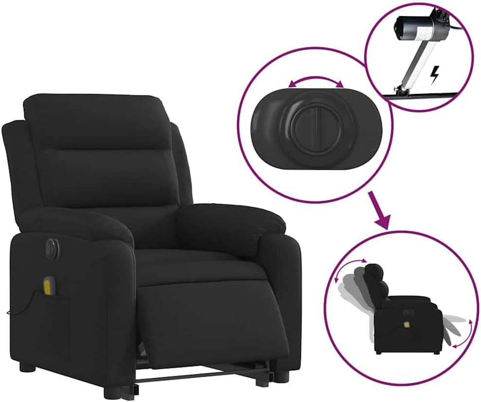 vidaXL Electric Massage Recliner Chair with Power Lift and Recline for Elderly - Black Fabric Lounge Seating with Side Pocket, Vibration Massage - Living Room, Bedroom Armchair
