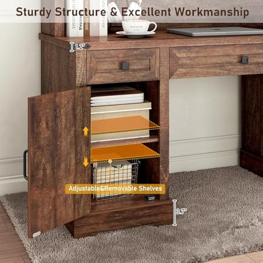76" Height Farmhouse Desk with Sliding Door Hutch, Wood Office Executive Workstation Computer Desk with Charging Station, Drawers and Storage Cabinet, for Work, Sturdy, Game, Brown