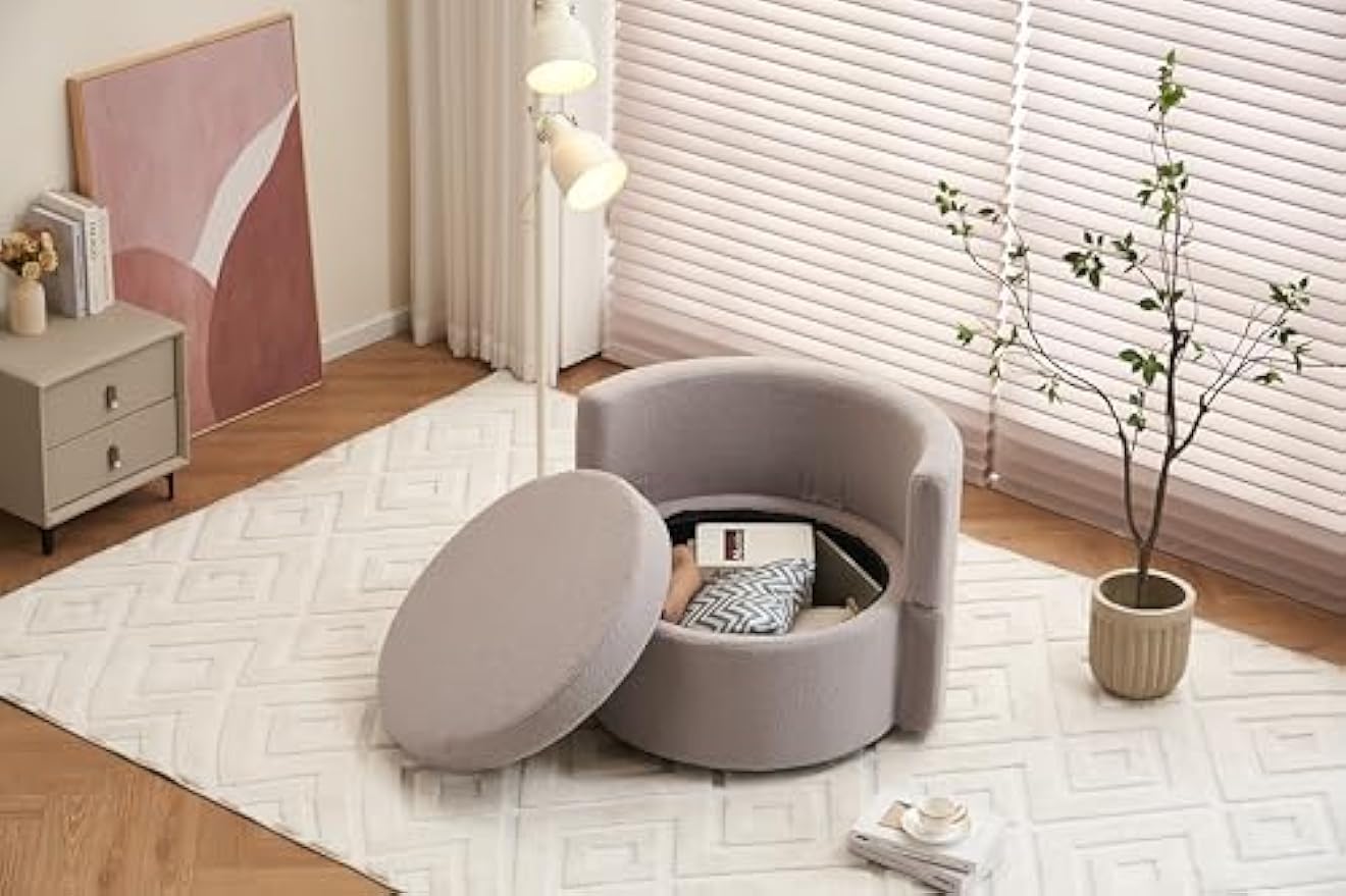 Teddy Fabric Swivel Chair with Storage, 360° Swivel, Back Cushion, Modern Living Room Chair, Light Gray, 31.5W x 33.9D x 26H in