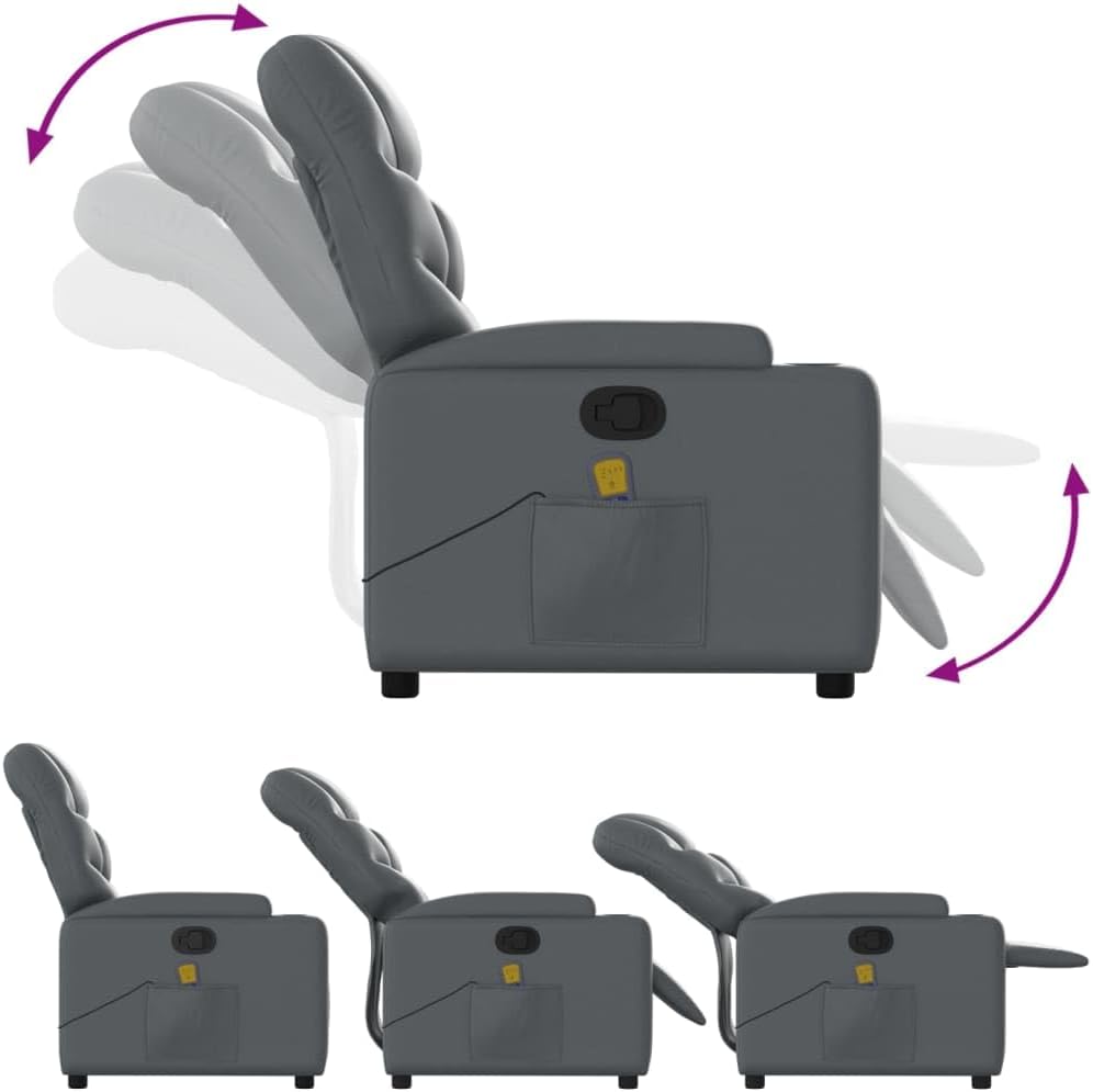 vidaXL Massage Recliner Chair - Gray Faux Leather, Manual Reclining, 6-Point Vibration, Cup Holders, Living Room Seating