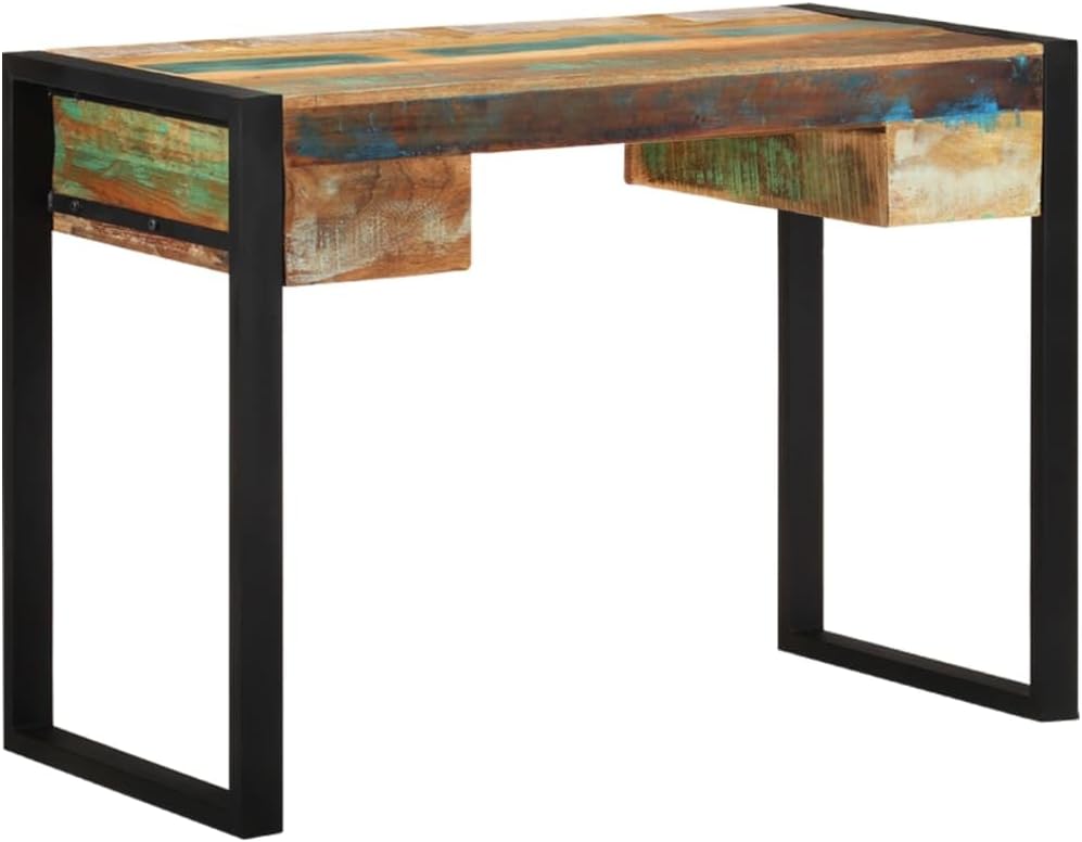 vidaXL Solid Wood Desk - Industrial Style Writing Desk with 2 Drawers, Durable Steel Frame, Multifunctional Home Office Furniture, 43.3"x19.7"x30.3"