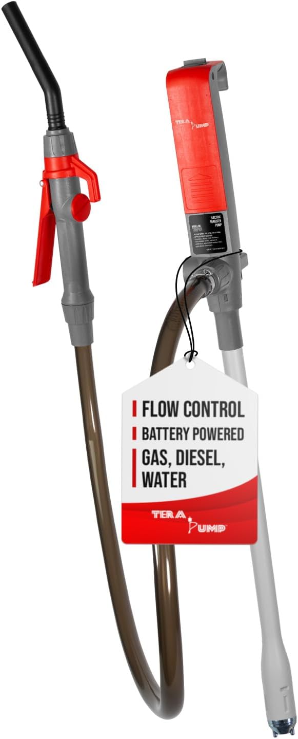 TERA PUMP Fuel Transfer Pump w/Flow Control Nozzle & Telescopic Tube - 3X Powerful D Battery Powered, 10FT XL Long Vinyl Discharge Hose, Multipurpose Portable Battery Pump For Gas, Diesel (2.3 GPM)