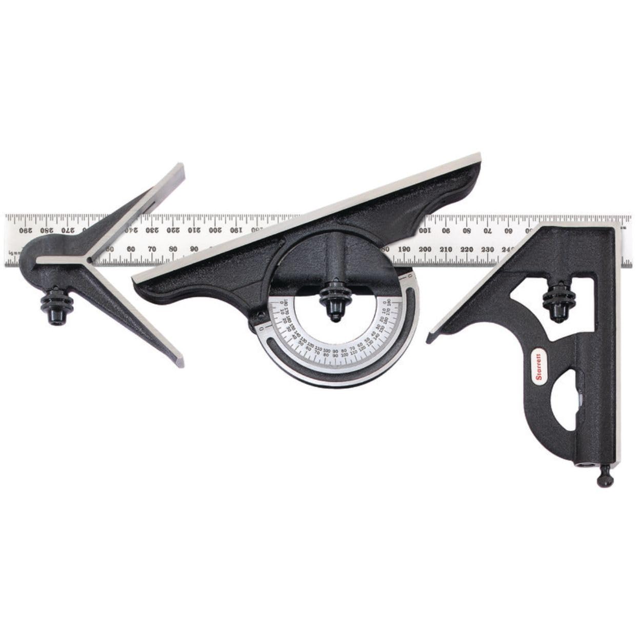 Starrett Combination Set with Square, Center and Reversible Protractor Head and Blade - 12" Blade Length, Forged and Hardened Steel, 16R Graduation Type - C434-12-16R