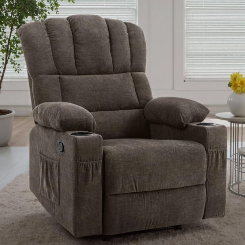 YITAHOME Glider Rocker Recliner Chair with Massage & Heat, 160° Manual Rocking Recliner Chair with USB Ports, Cup Holders & Side Pockets, Fabric Reclining for Elderly, Grey