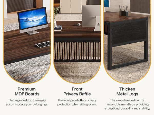 Tribesigns 63-Inch Executive Desk, Modern Home Office Desk for Workstation, Computer Desk with Sturdy Legs for Home Office (Dark Walnut & Black, Only Table)