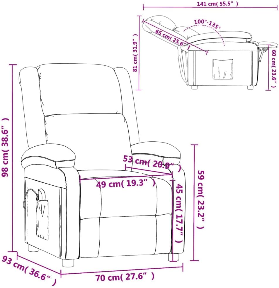 vidaXL Modern Cream Faux Leather Massage Chair with Adjustable Backrest and USB Powered Function for Living Room Office Chairs Reclining Recliner Armchair TV Sofa