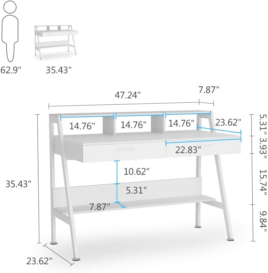Tribesigns Computer Desk with Storage Shelf & Drawers, Modern 47 inch Office Writing Desk Study Table with Monitor Stand Riser for Home Office Use (White)