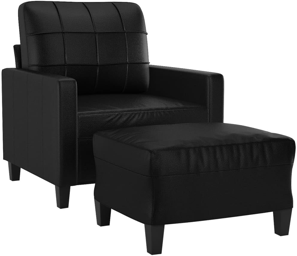 vidaXL Durable Black Faux Leather Sofa Chair with Footstool - Comfortable Padded Seat, Recliner, Lounger, Plush Armrests - Sleek Modern Design for Living Room, Lounge, Bedroom