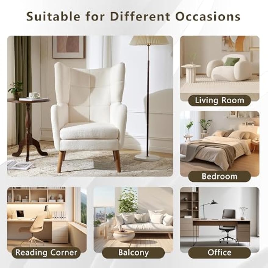 Accent Chair, Ivory White, Modern Retro Club Chair, Birch Frame, Upholstered Teddy Wool Fabric, Single Sofa Armchair for Small Spaces, Living Room, Bedroom, Reading Corner, Balcony,Office