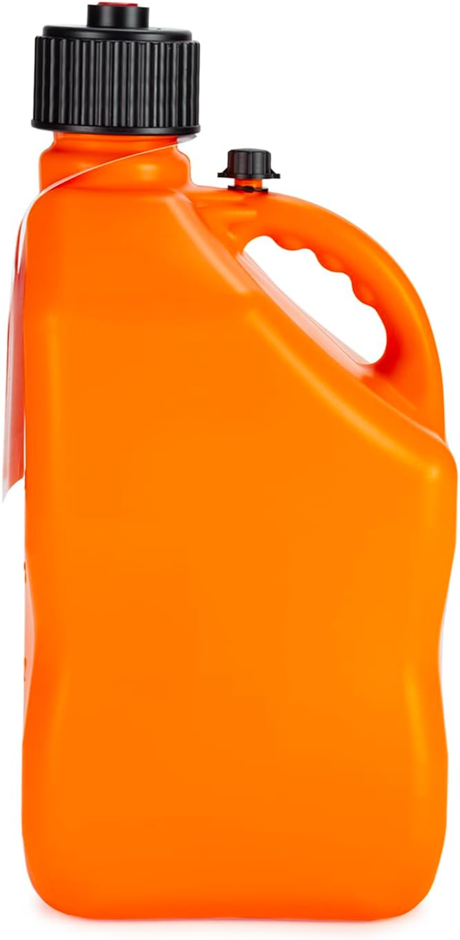 VP Racing Fuels 5 Gallon Square Motorsport Utility Jug Orange w/ 14 Inch Standard Hose. Features Close-Trimmed Cap and Neck for Tight Seal
