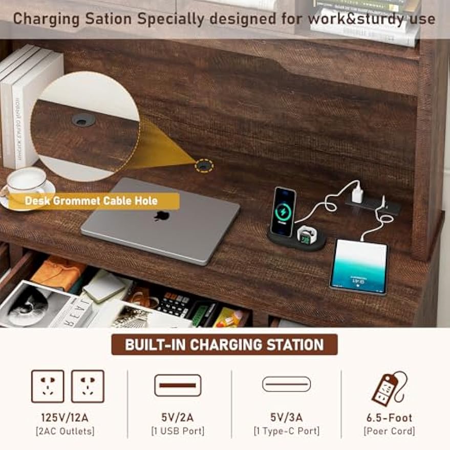76" Height Farmhouse Desk with Sliding Door Hutch, Wood Office Executive Workstation Computer Desk with Charging Station, Drawers and Storage Cabinet, for Work, Sturdy, Game, Brown