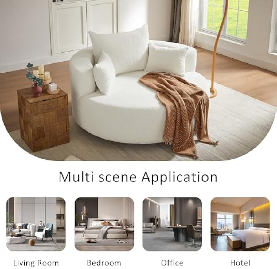 55" Oversized Round Swivel Accent Barrel Chair, Modern 360 Degree Chenille Upholstered Comfy Chaise Lounge Chair Indoor, Deep Seat Single Sofa Armchair for Living Room,Bedroom,Office, Beige