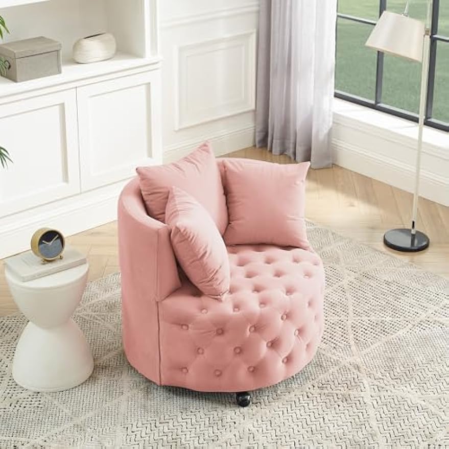 Velvet Upholstered Living Room Swivel, Button Tufted Design and Movable Wheels,Modern Style Home Office Rotary Sofa Chair,w/ 3 Pillows,for Bedroom,Hotel,Apartment,Pink