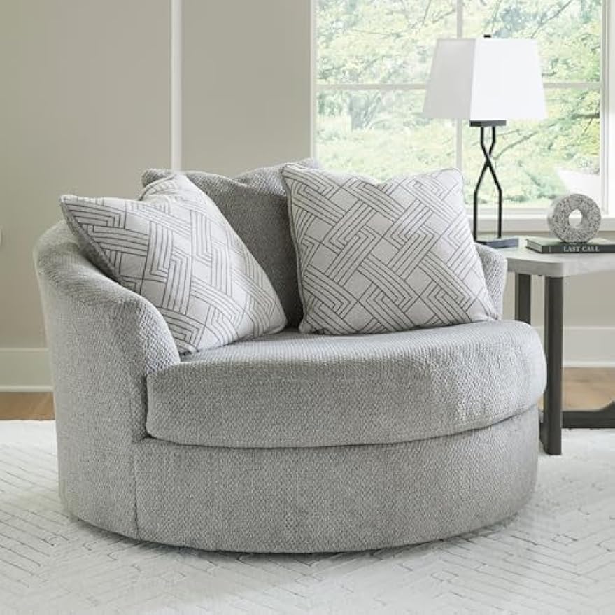 Signature Design by Ashley Casselbury Contemporary Upholstered Oversized Swivel Accent Chair with 3 Throw Pillows, Light Gray