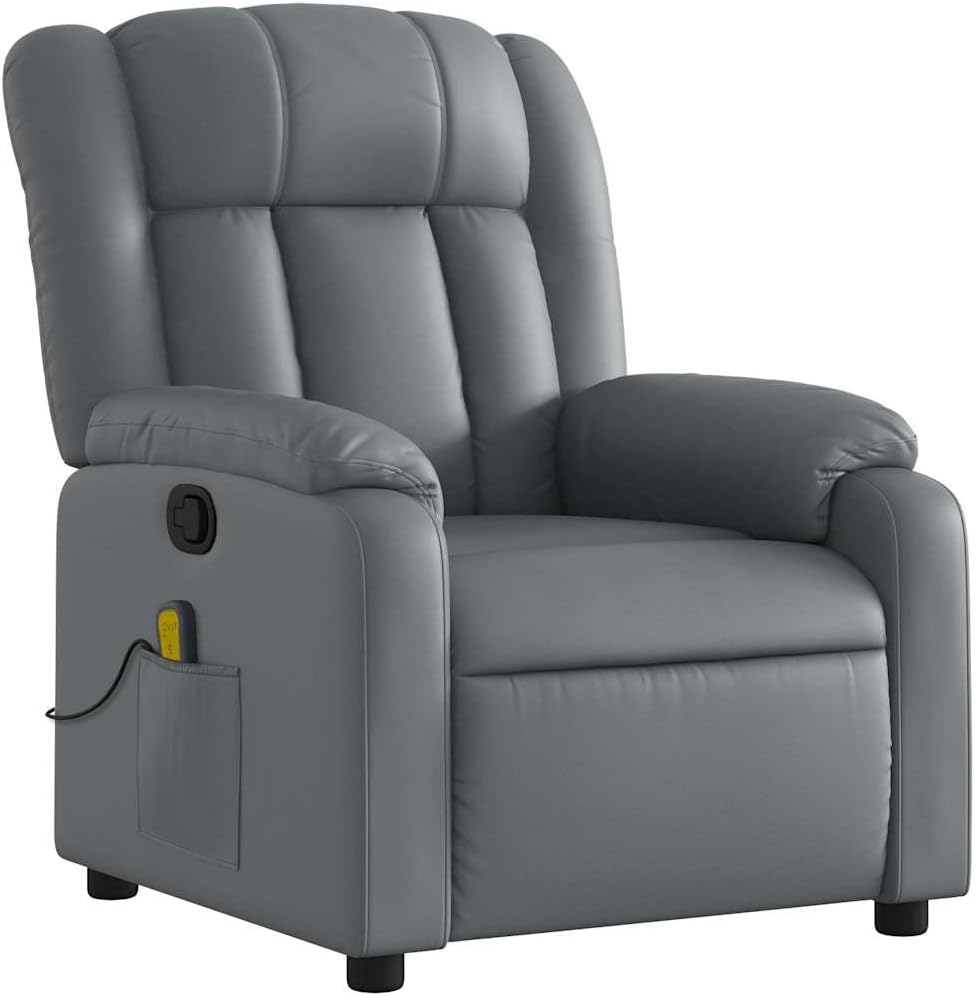 vidaXL Gray Faux Leather Massage Recliner Chair - Manual Recline, Vibration Massage, Side Pocket, Sturdy Frame for Living Room, Lounge