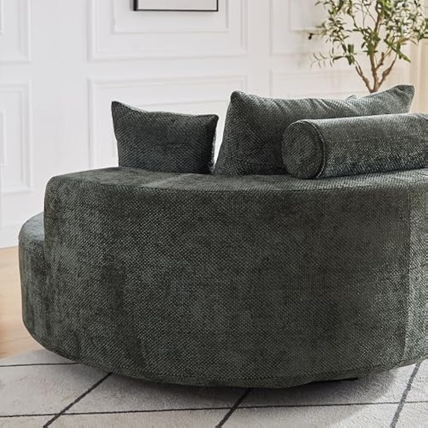 55" Oversized Swivel Barrel Chair Accent Chair- 360 Degree Fluffy Chenille Upholstered Round Reading Lounge Armchair Cloud Couch w/Adlustable Headrest and 3 Pillows for Living Room, Office