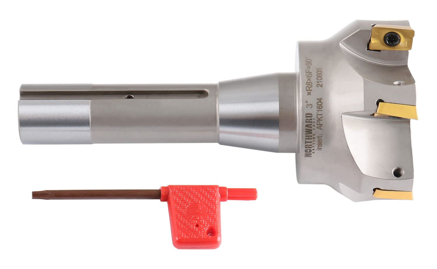 Accusize Industrial Tools 3 inch Cutting Diameter x 6-1/4'' Oal 90 Degree R8 Shank Indexable End Mill with 6 Apkt1604 Carbide Inserts, 0028-6908