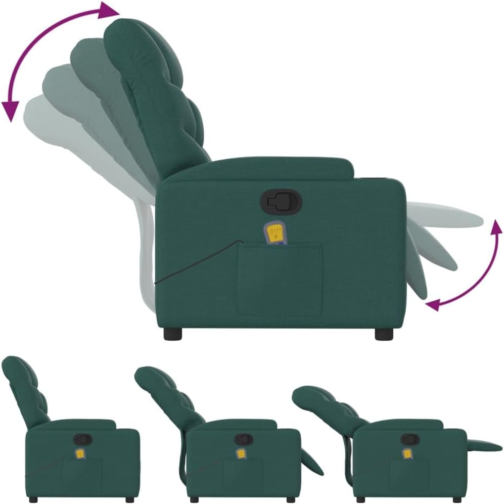 vidaXL Dark Green Manual Massage Recliner Chair - Fabric Upholstered Vibrating Lounge Armchair with Cup Holders for Living Room