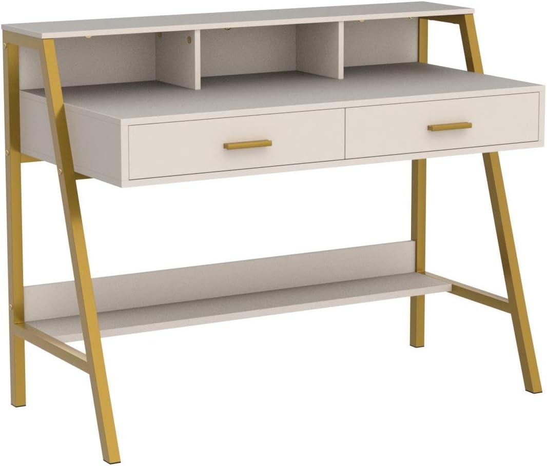 Tiptiper Computer Desk with Drawers, Hutch & Moniter Stand, Home Office Writing Study Desk Workstation Table with Bookshelf, for Work & Study, Small Spaces, White and Gold