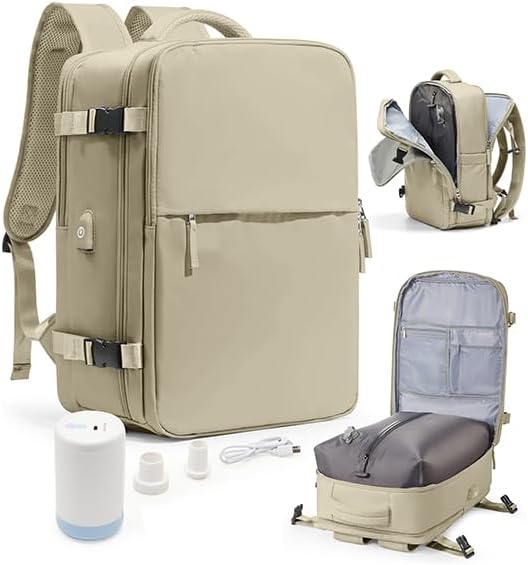 Vacuum Seal Travel Backpack with Air Pump Compression Vacpack Waterproof Carry On Backpack for Travel Women men with Vacuum System Laptop Airlines Approved Daypack Space Saver Bags Black